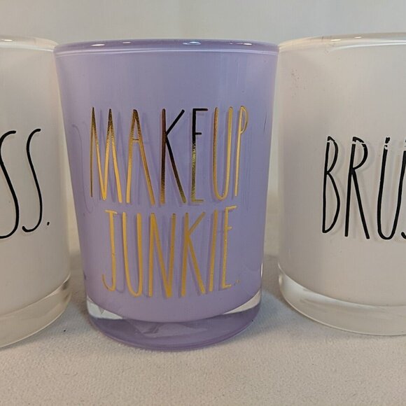 Rae Dunn 3 Set Makeup Junkie Brushes Glass Cup Holders Flawless White Purple - Picture 3 of 15